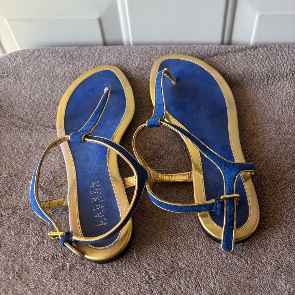 Lauren Ralph Lauren blue velvet/gold sandals size 8.5 B - Picture 4 of 5